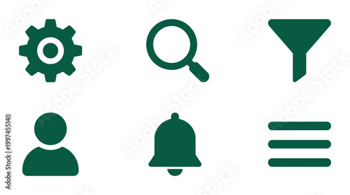 Collection of user interface icons representing settings, search, filter, notifications, and profile