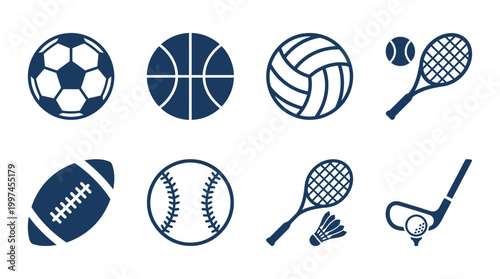 Collection of various sports equipment icons including soccer, basketball, and tennis