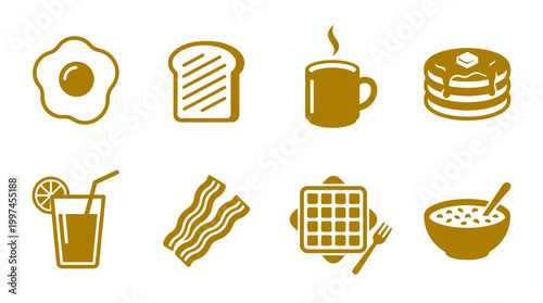 A colorful assortment of breakfast foods including eggs, toast, coffee, and pancakes