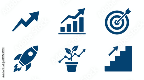 Collection of blue icons representing growth, success, and progress in business and finance