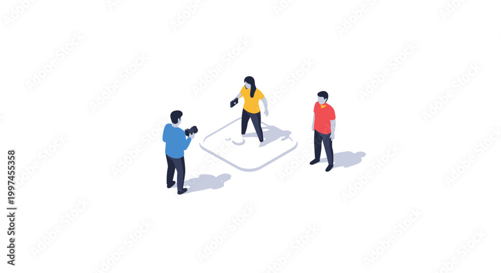 Fototapeta premium Isometric Illustration of Three People Interacting on a White Background.