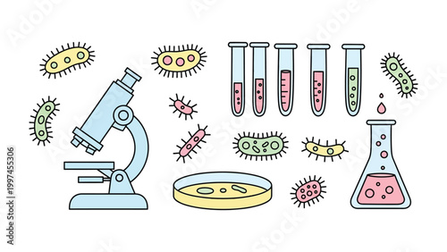 Microscopic Exploration: A detailed illustration showcasing the tools of scientific discovery, from microscopes to petri dishes, perfect for research and educational purposes.