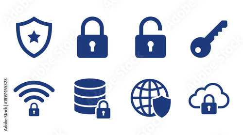 Collection of security icons representing data protection, online privacy, and connectivity