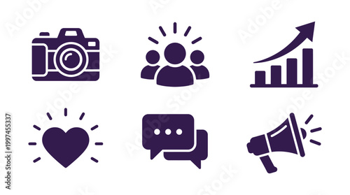 Collection of purple icons representing photography, social interaction, and growth metrics