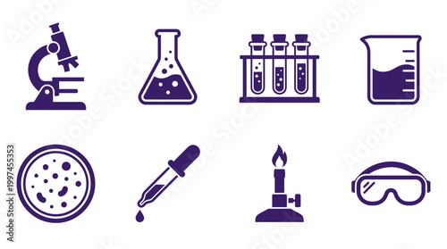 Collection of laboratory equipment including microscope, beakers, and test tubes on a white backdrop