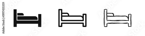 Hotel accommodation and bedroom icon set with single bed furniture symbols
