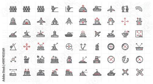 Collection of military icons representing various war machines and equipment for design.