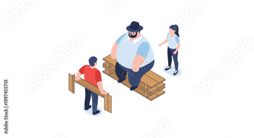 Isometric illustration of three people interacting with a wooden bench.