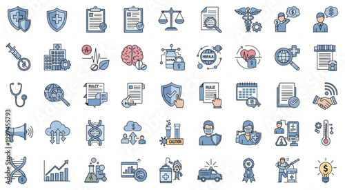 Collection of medical and healthcare icons representing various aspects of medicine and health.