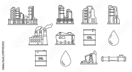 Oil industry icons representing refinery, barrels, and extraction equipment.