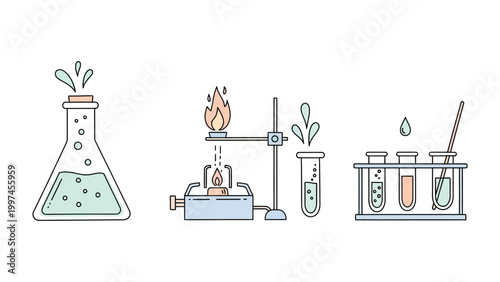 Scientific Exploration: This illustration portrays a series of scientific experiments, using various laboratory apparatus and chemicals in a clean, modern aesthetic.