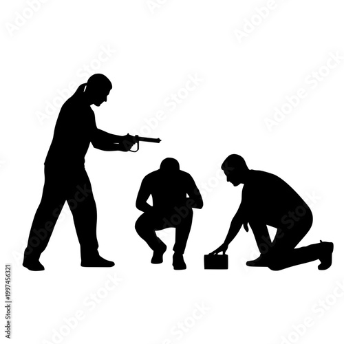 Silhouette of Armed Thief Robbing Two Victims at Gunpoint