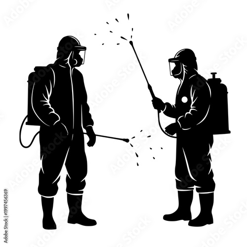 Silhouette of Two Workers in Protective Suits Spraying Disinfectant
