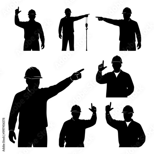 Silhouettes of Construction Workers in Hard Hats Giving Hand Signals