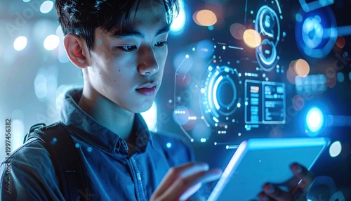 Young Asian man using digital tablet with blue holographic interface and data analytics charts in futuristic city. technology concept, digital transformation, artificial intelligence.