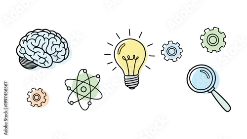 Creative Concepts: A constellation of ideas illuminates a bright light bulb, symbolizing innovation and the pursuit of knowledge. The image includes a brain, magnifying glass, atom, and gear icons.