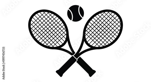 Simple black vector graphic illustration depicting two crossed tennis rackets along with a ball representing a classic professional sport equipment set for competitive match play