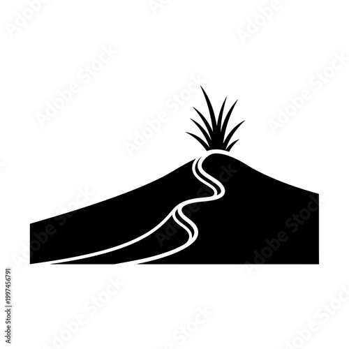 Silhouette of a sand dune with vegetation on top, minimalist design.