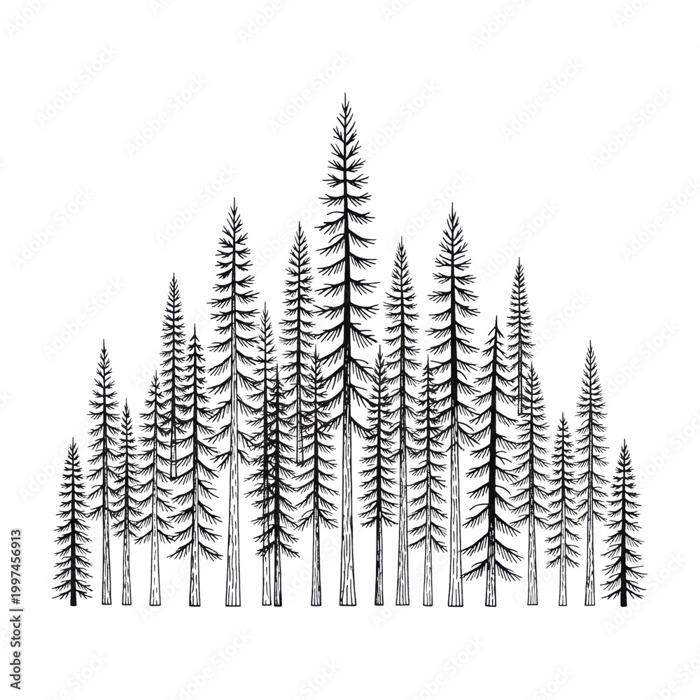 Fototapeta premium Dense, stylized pine forest rendered in clean minimalist black line art with tapered branches and textured trunks, overlapping silhouettes on a white background, tranquil nature concept