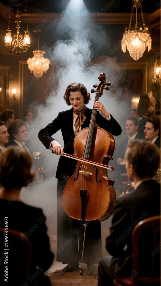 Fototapeta premium Smiling female musician elegantly playing cello in atmospheric smoky vintage cabaret hall