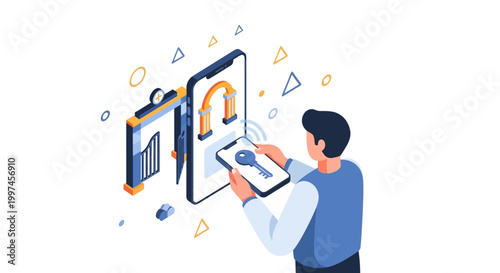Isometric Illustration of Person Using Mobile Digital Key for Secure Access. Cybersecurity and Smart Technology Concept with Smartphone Gateway and Authentication.