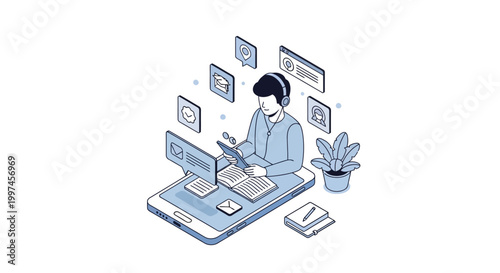Isometric E-Learning Concept: Student Studying via Smartphone with Educational Icons
