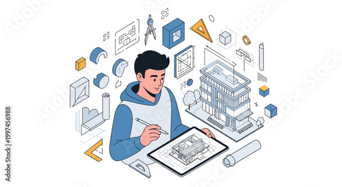 Young Architect Designer Using Tablet for 3D Building Design and Home Planning. Isometric Illustration of Digital Construction and Engineering Workflow.