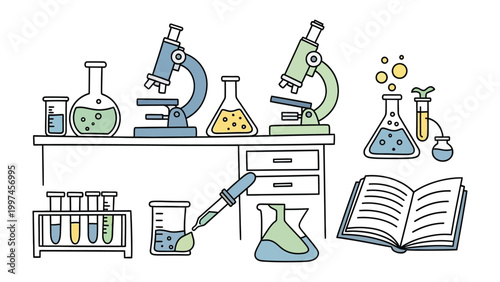 Science Laboratory Illustration: An illustrative portrayal of a science laboratory, showcasing essential equipment like microscopes, beakers, test tubes, and books.