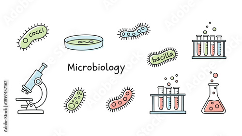 Microbiology Illustration: A visual representation of microbiology, showcasing the equipment and organisms involved in the study of microorganisms.