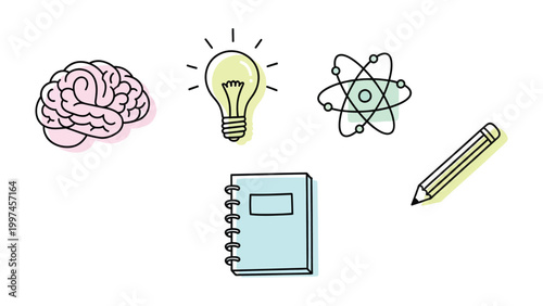 Creative Icons: A collection of educational and conceptual icons, including a brain, lightbulb, atom, notebook, and pencil, symbolizing idea generation, scientific discovery, and learning.