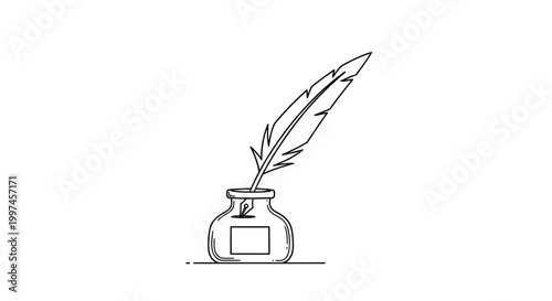 Vintage Quill Pen and Inkwell Drawing, Classic Writing Tool