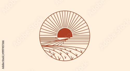 Sunrise illustration depicts orange sun over wavy lines on light background