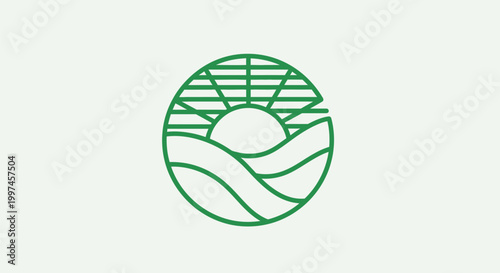 A serene sunrise scene over rolling hills with a green circular graphic.