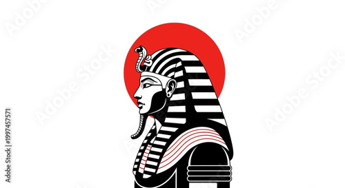 Egyptian pharaoh wearing striped headdress stands before red sun