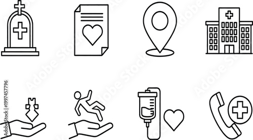 Healthcare and mourning icons a collection of line drawings representing life death and support