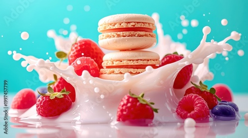 Pastel macarons sit atop a creamy splash