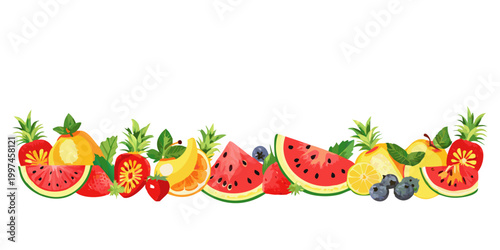 Assorted tropical and summer fruit border illustration, vector