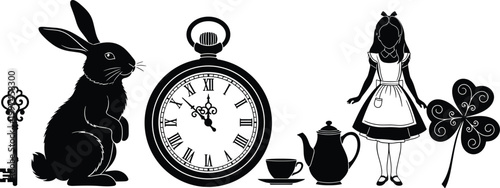 Collection of black silhouettes featuring Alice in Wonderland elements including white rabbit pocket watch teapot girl and vintage skeleton key