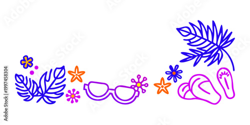 Vibrant line art of summer holiday beach items, vector
