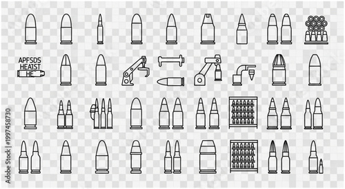 Collection of various ammunition cartridges in different shapes and sizes for military purposes.