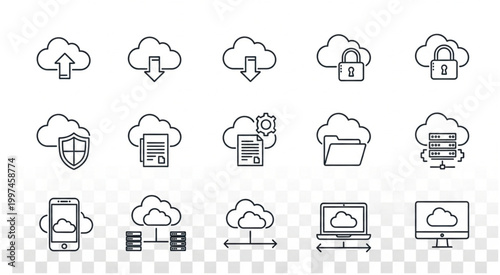 Cloud computing icons representing data storage and network connectivity.