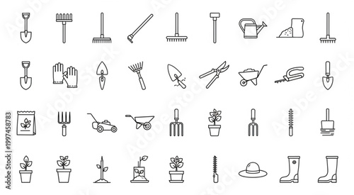 Collection of garden tools and equipment for gardening and landscaping activities.