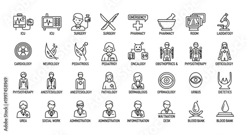 Collection of medical and healthcare icons representing various medical specialties and services.