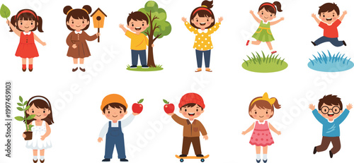Cute children character set featuring happy boys and girls playing with nature jumping and holding apples for school education vector illustration.