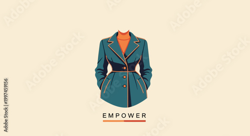 Stylish Teal Coat with Orange Blouse and Empower Text on Display.