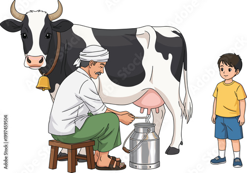 Traditional farmer milking a dairy cow by hand into a metal can while a young boy watches nearby, village farm life vector illustration isolated on white.