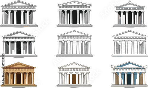 Classical Architecture Temple Illustration Set for Ancient Buildings, Greek, Roman Structures, Historical Monuments, and Architectural Designs