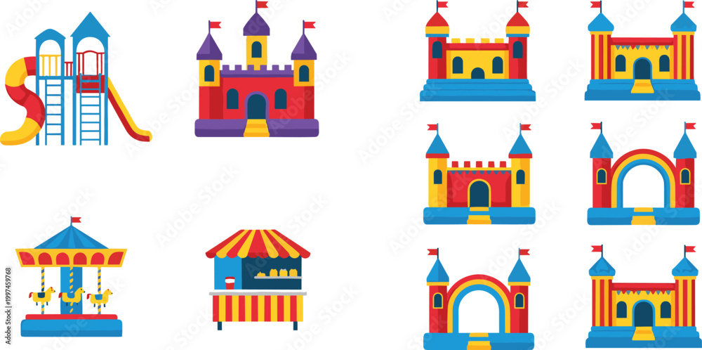 Fototapeta premium Colorful amusement park icon set featuring bouncy castles carousel playground slides and food stall for children party vector illustration.