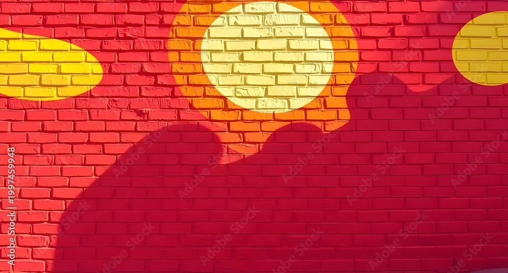 Obraz premium Vibrant Street Art Mural with Silhouettes and Bright Colors on Brick Wall, Urban Graffiti Scene, Modern Artistic Expression, Creative Wall Design, Colorful Street Art