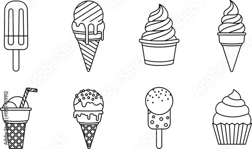Ice cream dessert line icon set with popsicle cone cupcake and sweet frozen treats outline vector illustration collection